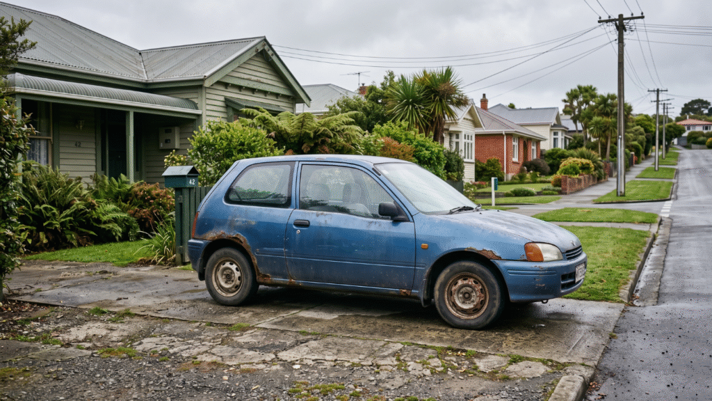 sell car without WOF rego in Dunedin with an old unregistered vehicle parked in a residential driveway