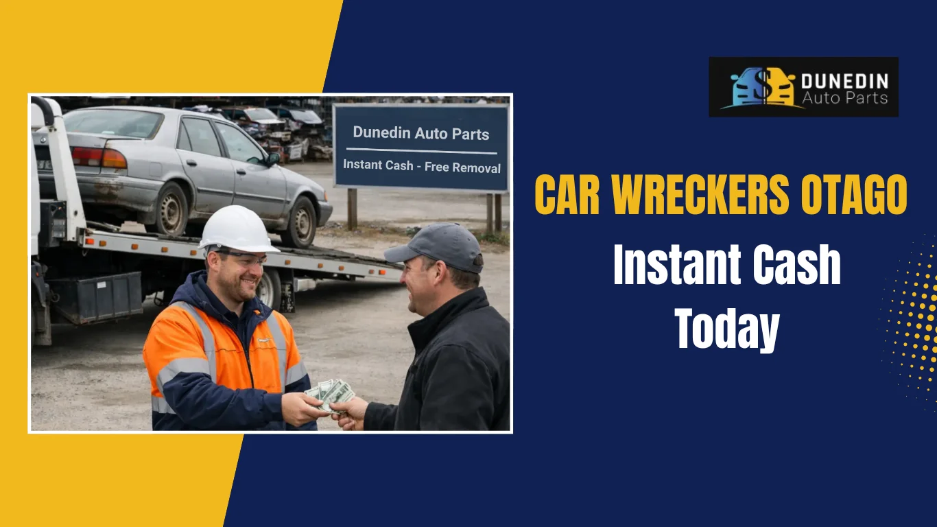 A Car Wreckers Otago team member towing a car and paying instant cash to the customer
