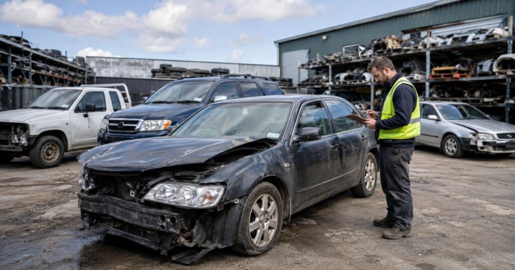 Car buyer inspecting a damaged vehicle to assess its scrap value in Dunedin