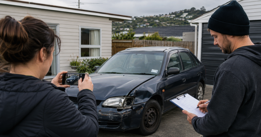 Vehicle owner photographing car damage while checking details for a home car value estimate in Dunedin