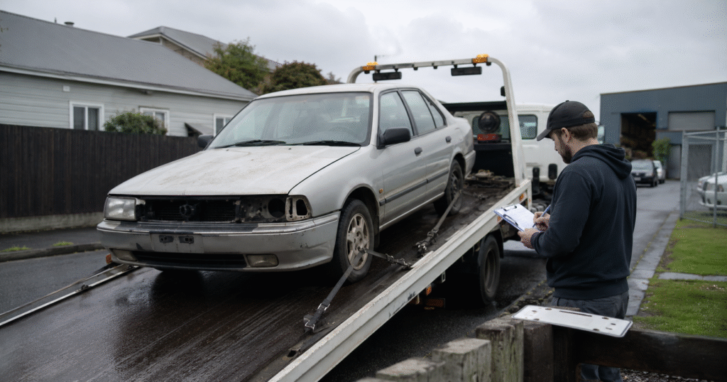 Damaged car without current WOF or rego being collected by a tow truck in Dunedin