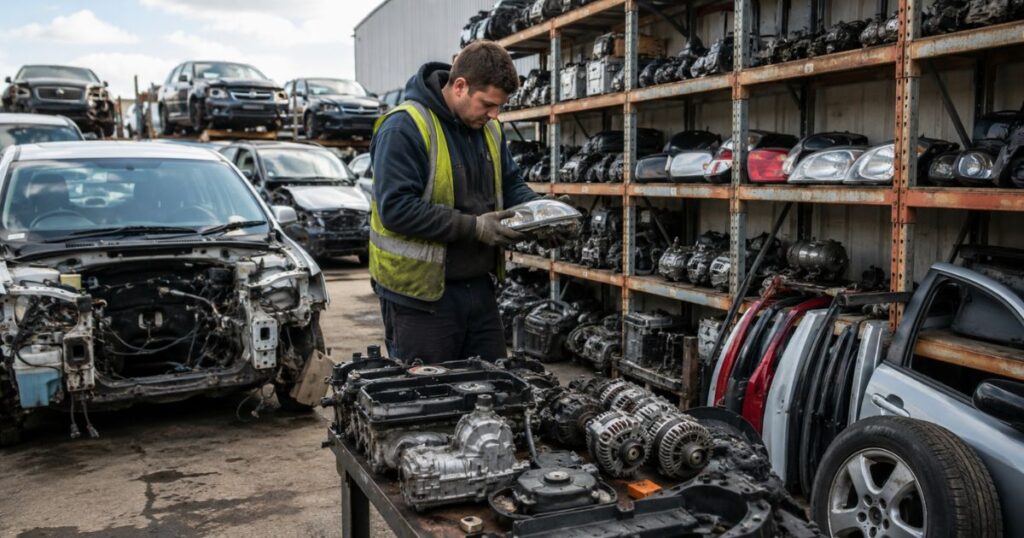 Worker inspecting used car parts in a Dunedin scrapyard with engines, headlights and body panels on display