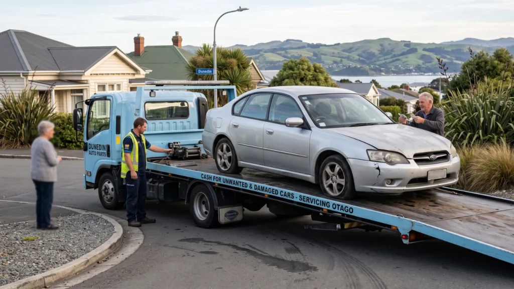 Silver Subaru car being loaded onto a flatbed tow truck for Cash for Your Old Car in NZ.